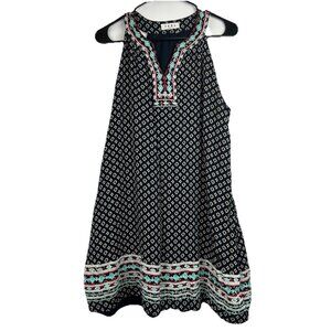 THML Black Embroidered Boho Dress Notch V Neck Sleeveless Navy Blue Women's Larg